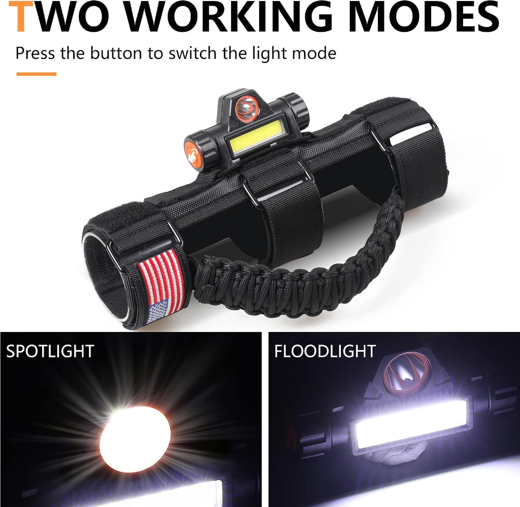 UTV ATV Grab Handles with Dome Light 1.75”-2” Roll Bar Paracord Hand Hold Straps Grab Handles Grips with Light Bar for Polaris RZR Ranger Kawasaki Can Am X3 Pioneer Talon, 2 Pack Black