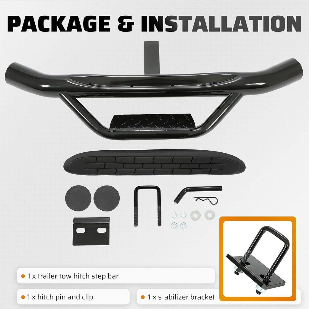 ECOTRIC Universal Bumper Trailer Hitch Step for SUV Trucks Pickups with 2 | Inch Receiver, Solid with Hitch Pin & U-Bolts Stabilize, Tow Rear Bumper Guard Protector Steel