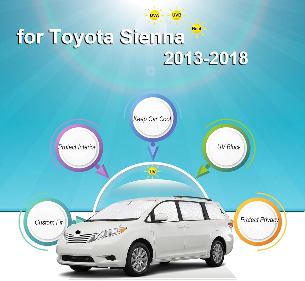KMF 8pcs Full Sun Shades Custom for Toyota Sienna 2013-2018 Accessories, Sienna Sunshade Car Window Covers for Windshield Side Rear, Sun Visor UV Block and Blackout Privacy for Camping Outdoor