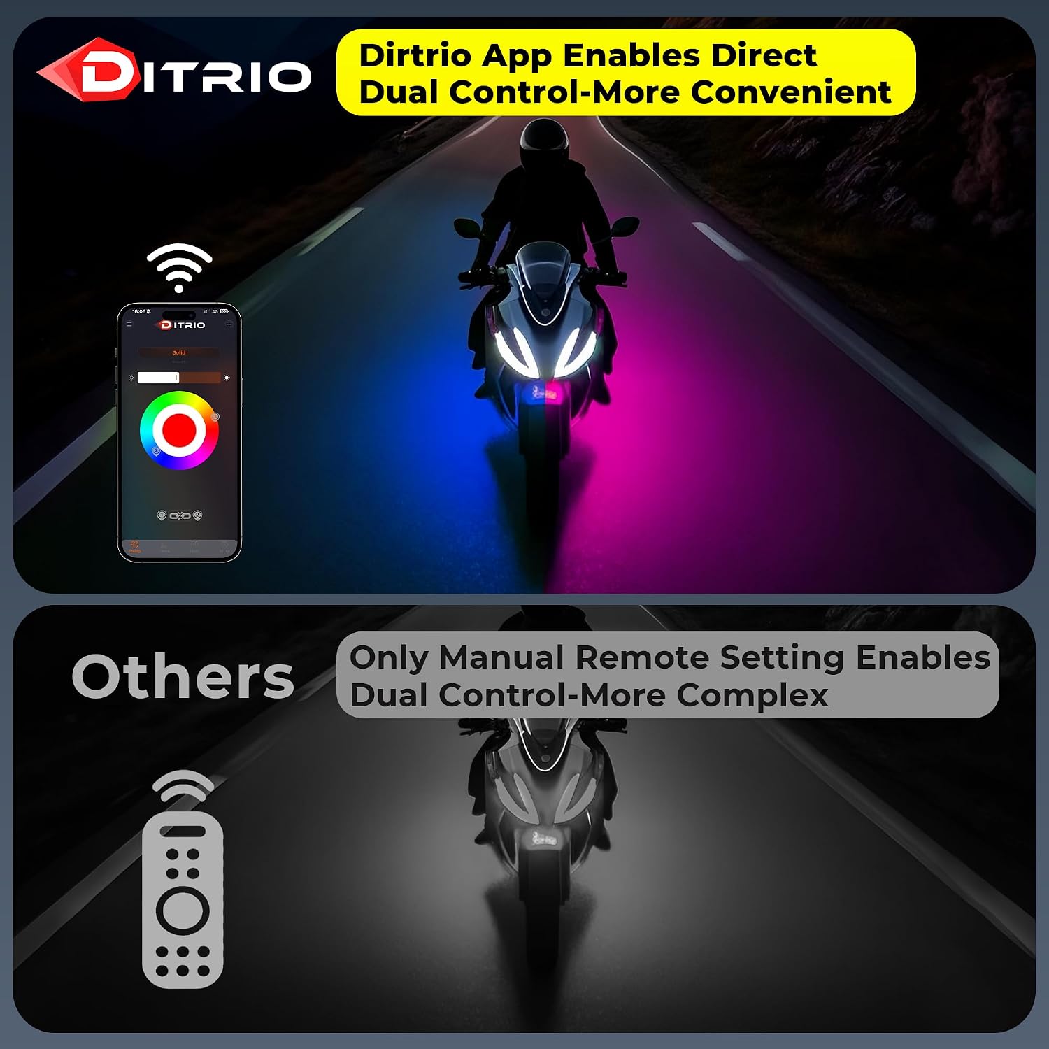 8PCS Motorcycle Led Lights with Brake Turn Signal,Underglow Light Kits with DITRIO APP/RF Remote Control, Dual Zone,Waterproof,12V Pixelglow Led RGB Lights for Motorcycles, Golf Carts, ATVs, UTVs