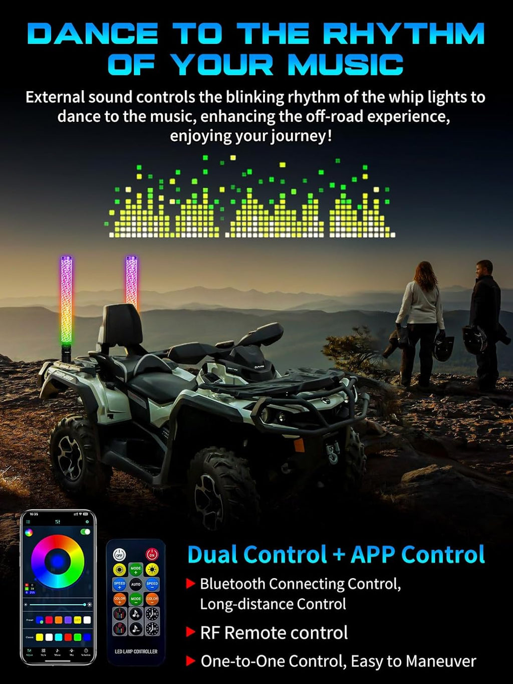 2 Pack 2FT Fat Whip Lights, LED Whip Lights with App & Remote Control, Spiral RGB Chasing Lighted Antenna Whips with Rocker Switch, Music Whip Light for SXS UTV ATV RZRCan-Am X3 Off-Road