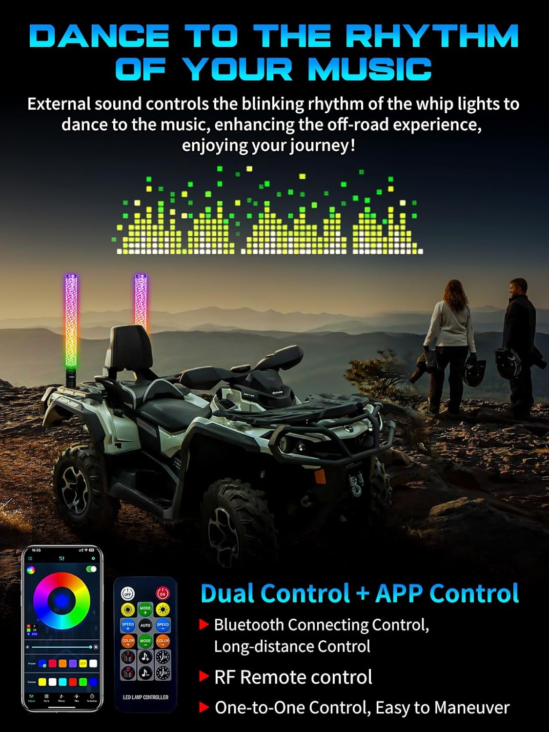 2 Pack 2FT Fat Whip Lights, LED Whip Lights with App & Remote Control, Spiral RGB Chasing Lighted Antenna Whips with Rocker Switch, Music Whip Light for SXS UTV ATV RZRCan-Am X3 Off-Road