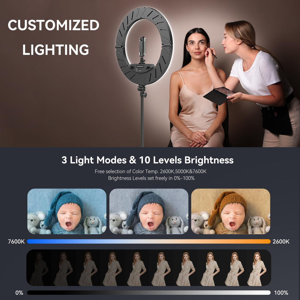 18 inch ring light kit, 55w6700k dimmable led shown in use