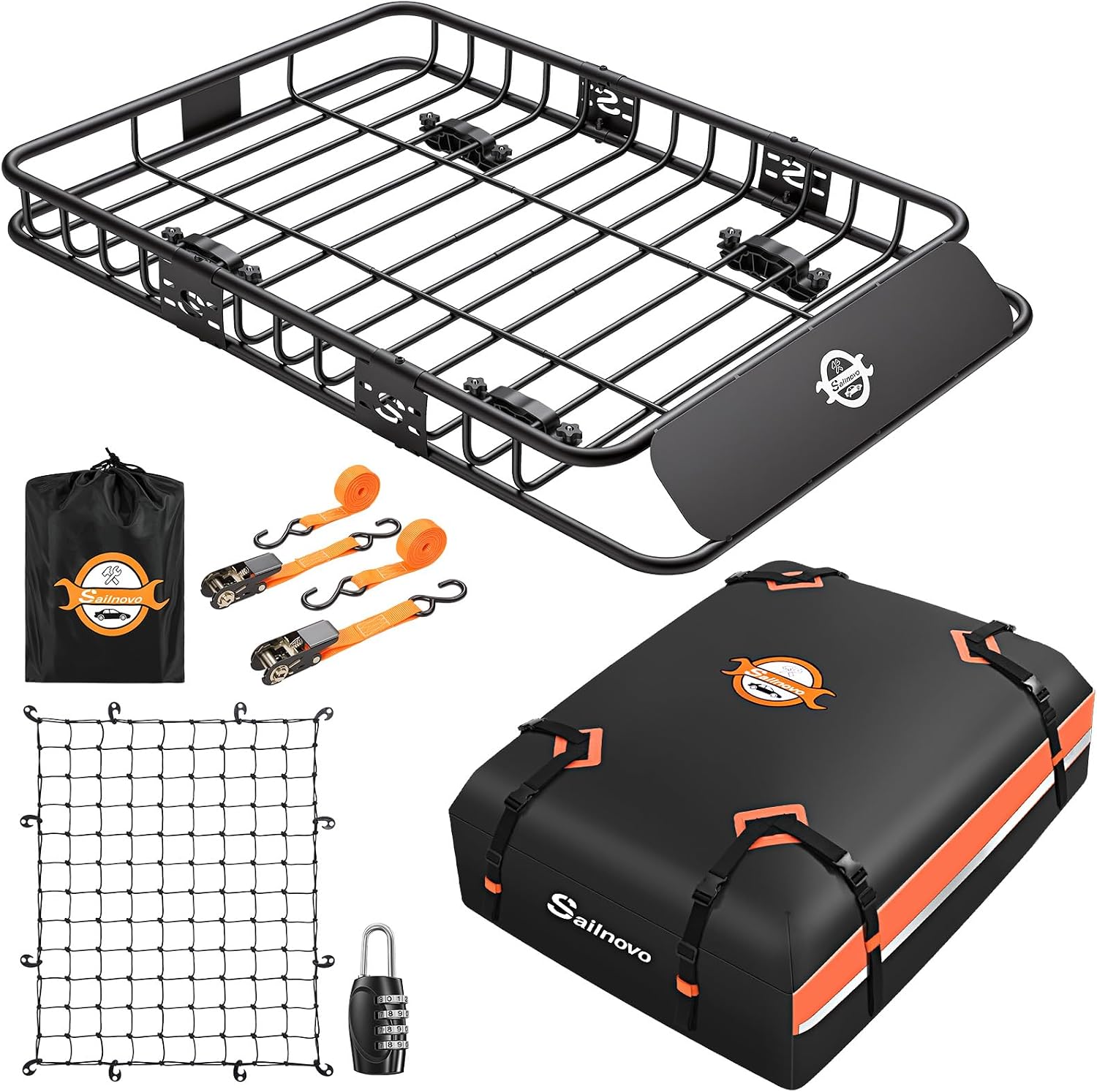 Sailnovo 51"x 36"x 5" Heavy Duty Roof Rack Cargo Basket with Extension, 200 LBS Universal Steel Rooftop Carrier with 15 Cu.Ft Waterproof Soft Bag+Lock+Net+2 Strap for SUV, Truck, RV, Pickup