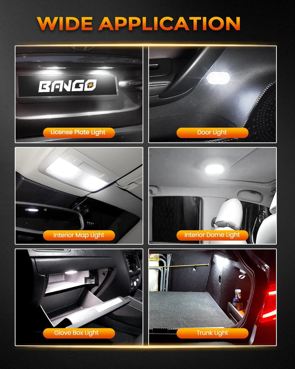 BANGO 24-Piece Interior Car Lights LED Bulb Kit, Non-Polarity Design with Removal Tool for Car Dome Map License Plate Door Trunk, Fits 194 T10 DE3175 578 - White