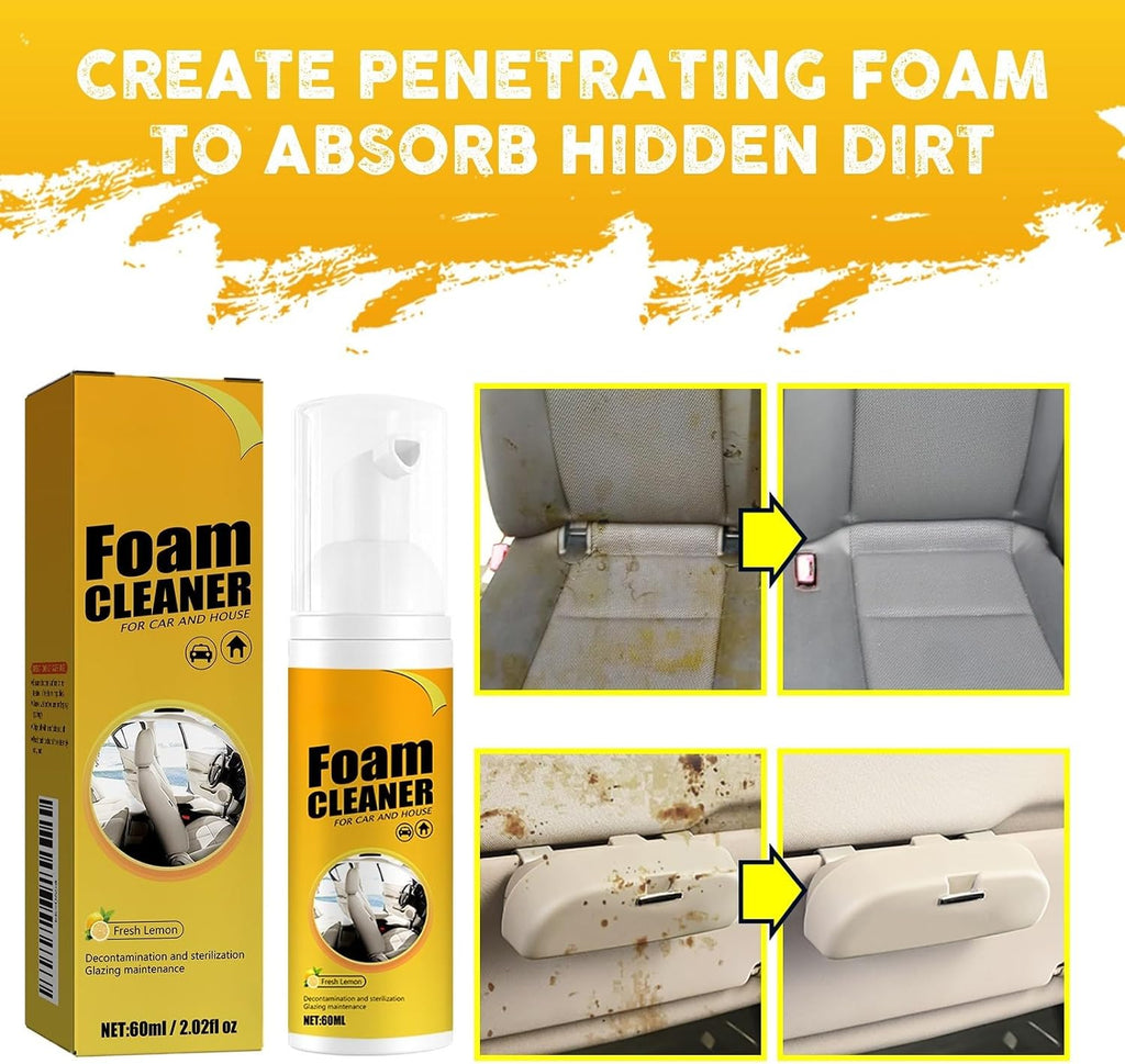Multi-Purpose Foam Cleaner for Car and Home, Car Steering Wheel Foam Cleaner,100ml, Fresh Lemon Scent, with Cleaning Accessories, 2-Pack