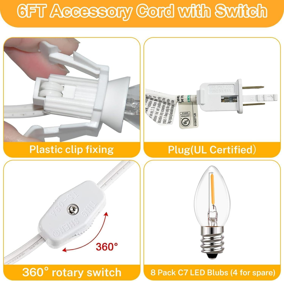 8 set 6ft white lamp cord with switch, front angle view