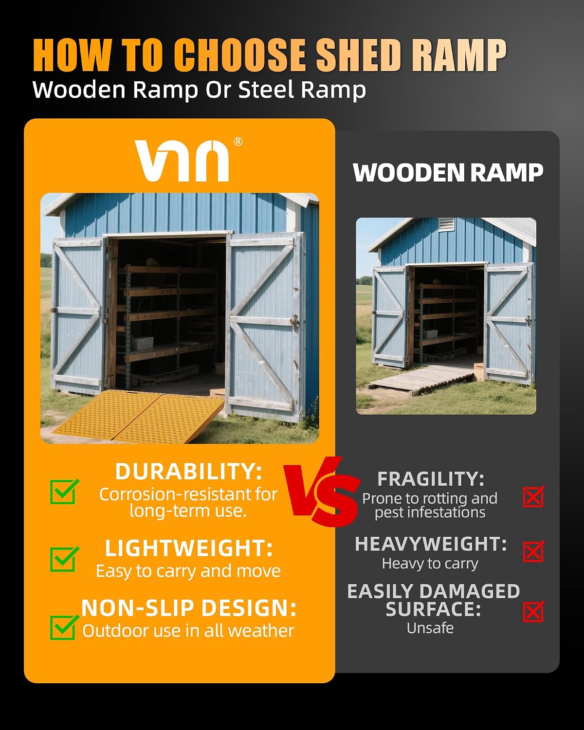 VNN 36" x 48" Shed Ramp for Riding Mower - 1500 LB Capacity Shed Ramps, Anti-Slip Punch Plate Ramp for ATV, Motorcycles, Garages & Barns (2PC, Yellow, Alloy)