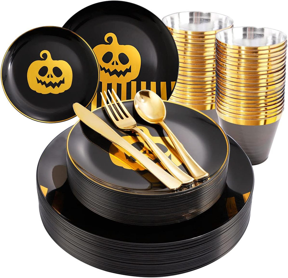 KIRE 25 Guest Halloween Plates Black Gold Plastic Plates Smiley Pumpkin inclu...