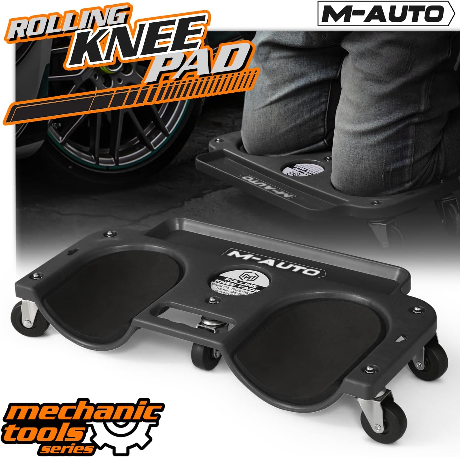 M-AUTO Rolling Knee Creeper Durable Knee Pads with Full 360 Degree Turn Casters and Tool Tray, Garage Kneeling Pads on Swivel Castors for Home Workshop Auto Repairing Maintaining, Black
