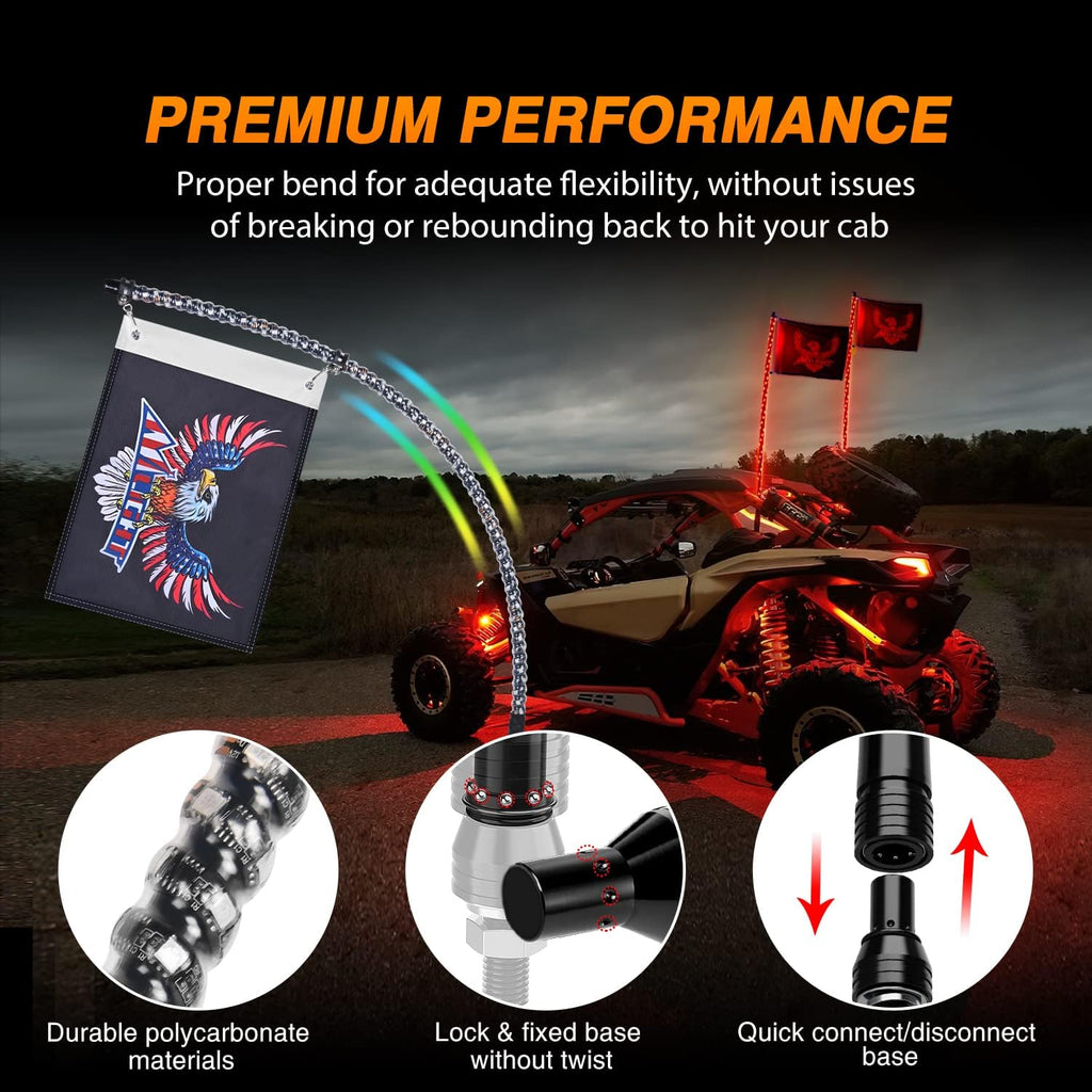 Nilight 2PCS 3FT RGB LED Whip Light, Remote App Control w/DIY Chasing Patterns Stop Turn Reverse Lighting Modes Safety Lighted Antenna for ATV UTV Polaris RZR Can-am Dune Buggy Jeep