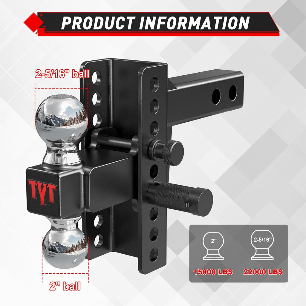 TYT Adjustable Truck Trailer Hitch for 2 inch Receiver, 6" Drop/Rise,2" & 2-5/16" Ball,Includes Two Pin Locks & Hitch Tightener