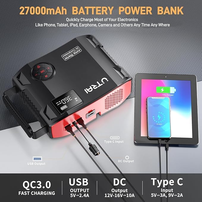 UTRAI Jump Starter with Air Compressor, 6000A 27000mAh Car Starter Jump Box - Image 4