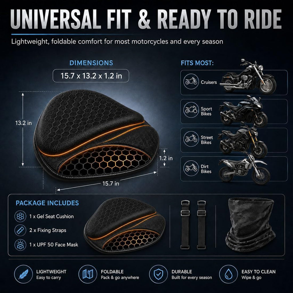 Motorcycle Seat Cushion, 3D Honeycomb Gel Motorcycle Seat Pad for Long Rides, Shock Absorbing Breathable Gel Seat Cushion, Universal Non-Slip Motorcycle Seat Cover with Fixing Straps (Black)