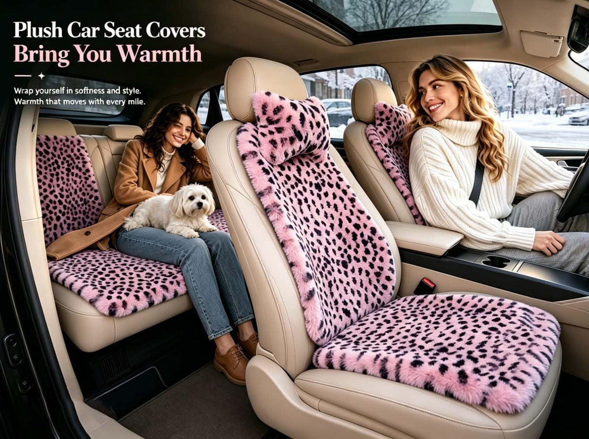 fluffy leopard car seat cover 9pcs universal anti-slip, close-up detail