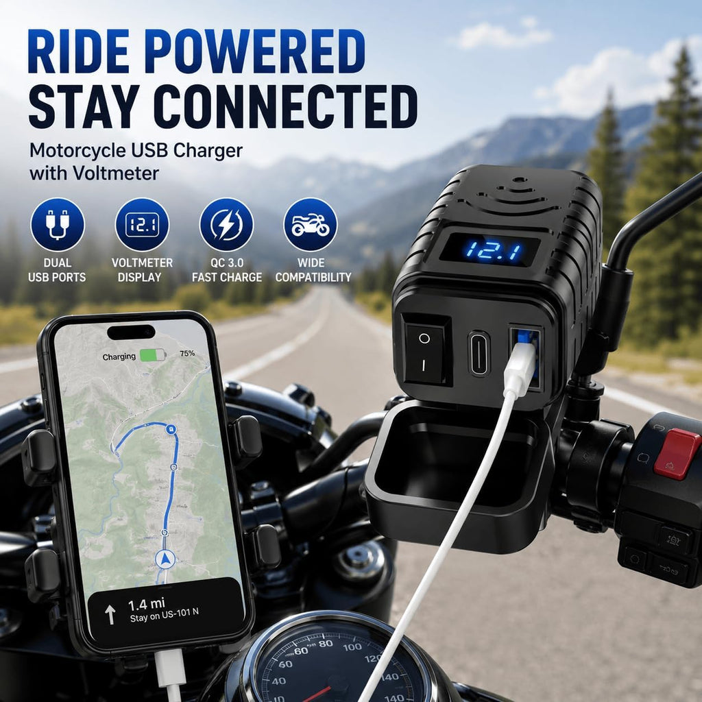 USB Charger for Motorcycle Yamaha Grizzly 2014-2015 Waterproof QC3.0 USB-C PD SAE Power Socket with Voltmeter for ATV UTV RV Boat