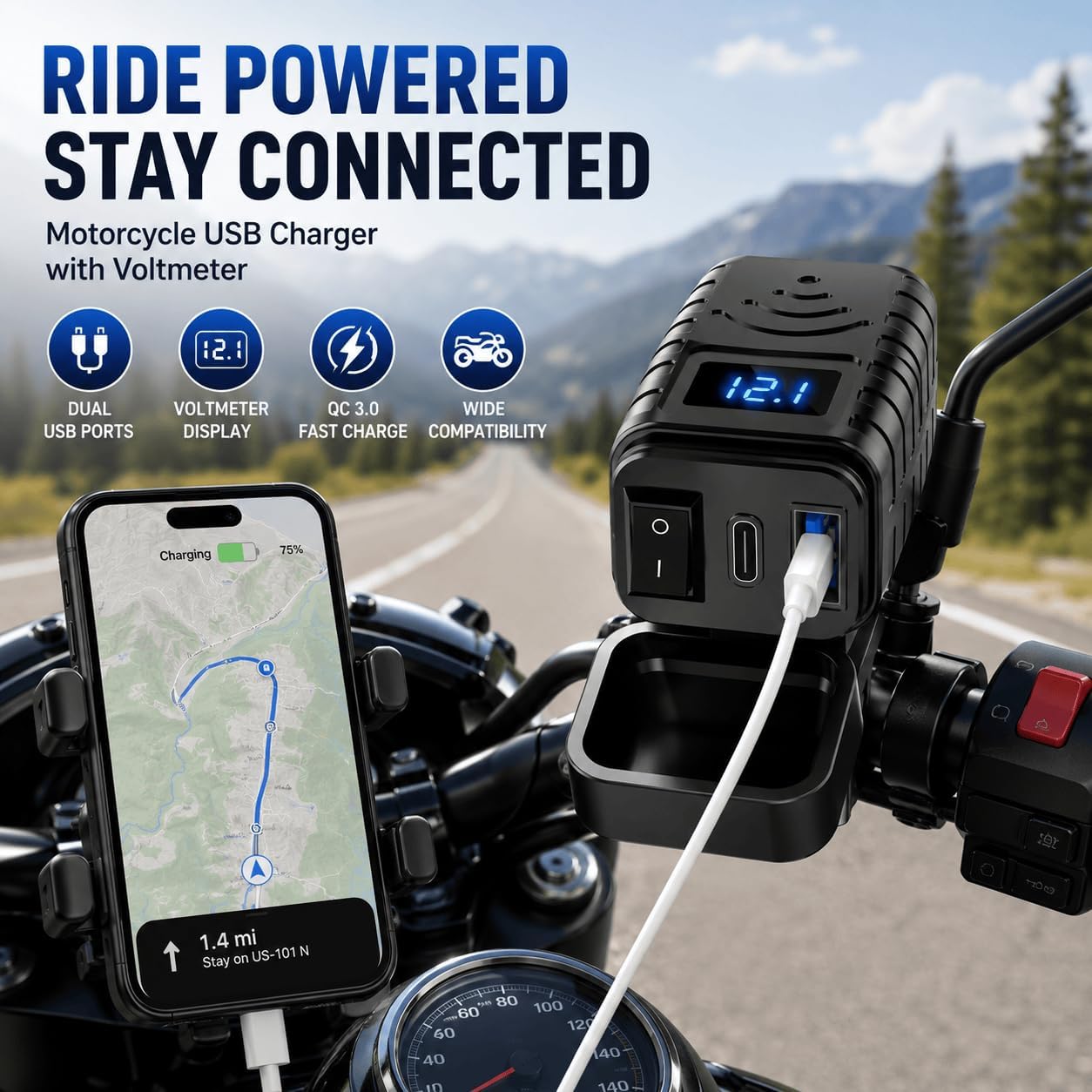 USB Charger for Motorcycle Yamaha Grizzly 2014-2015 Waterproof QC3.0 USB-C PD SAE Power Socket with Voltmeter for ATV UTV RV Boat