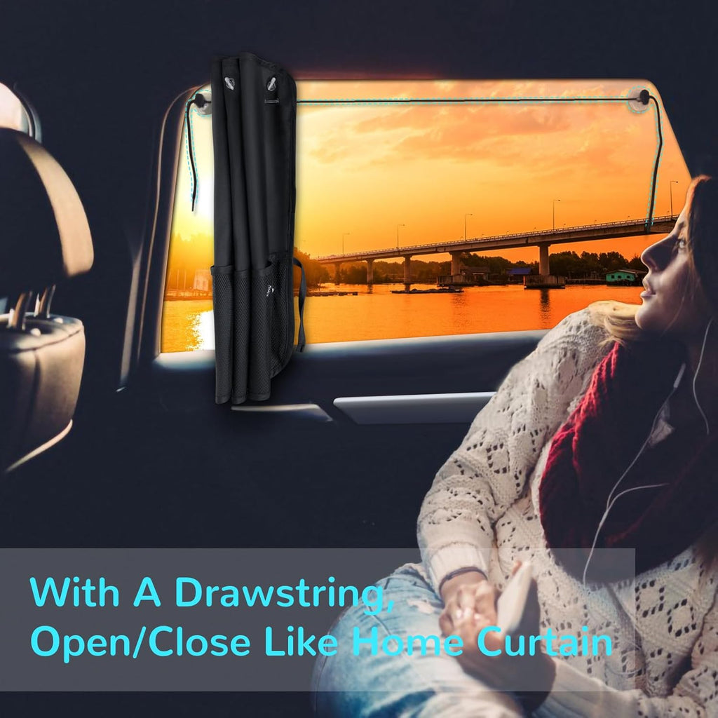 2 Pcs Car Sun Shade Side Window, Blackout Car Window Shade Privacy with Storage Net Pockets Auto Curtains for Heat/UV Protection Sun Block Covers (Black-2pcs)