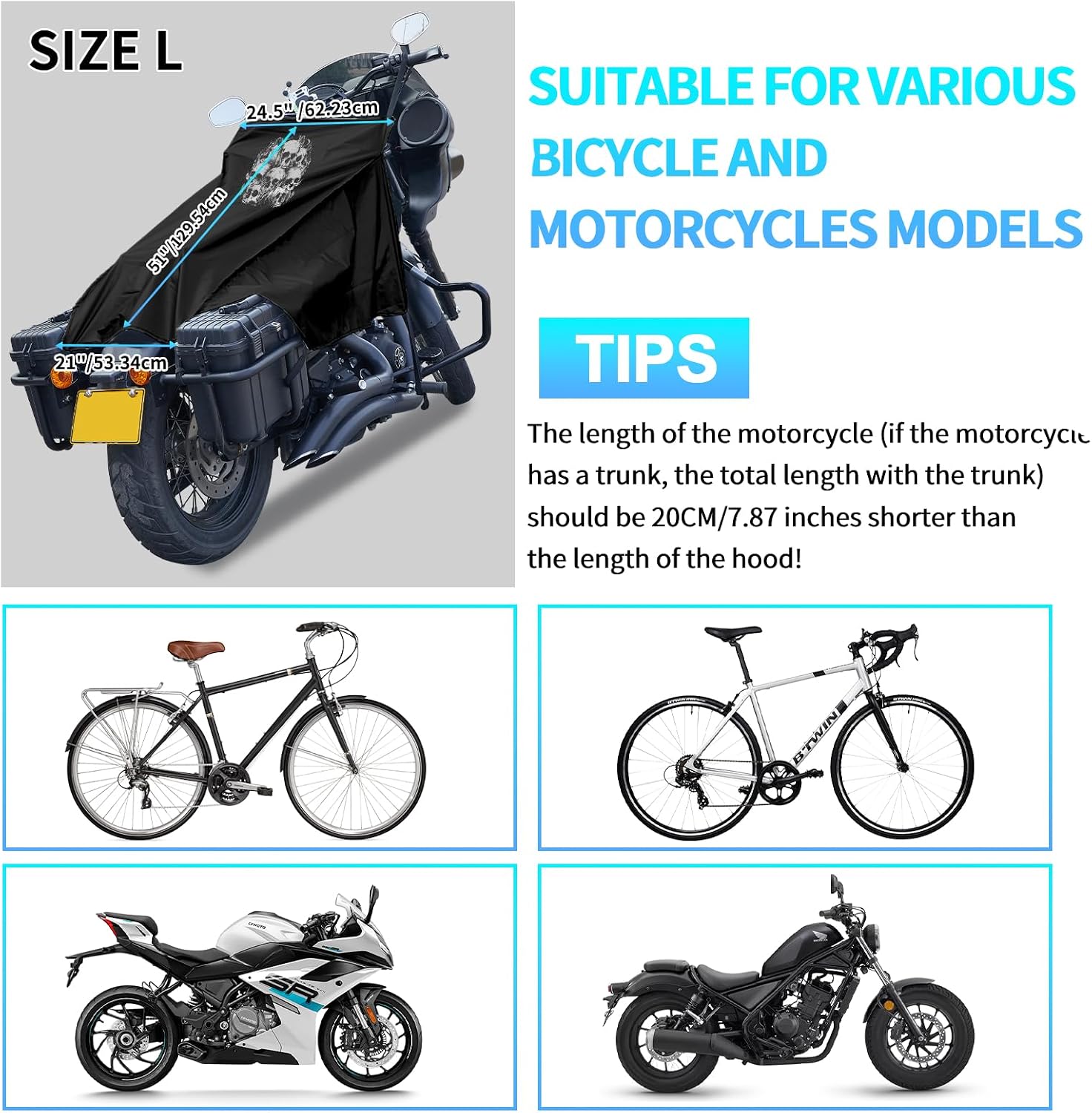 GARGOYLE BELLS Motorcycle Cover Seat Shade Cover Bike Covers Lightweight Half Covers Outdoor Sun Protection All Season Fits Various Motorcycle Models - Black with Skull, L