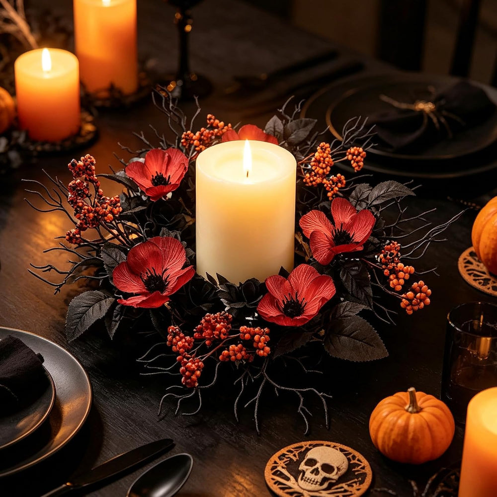 TEMPUS Halloween Wreath Set, 18 Inch, Black Rose and Poppy Berry, Handmade, f...