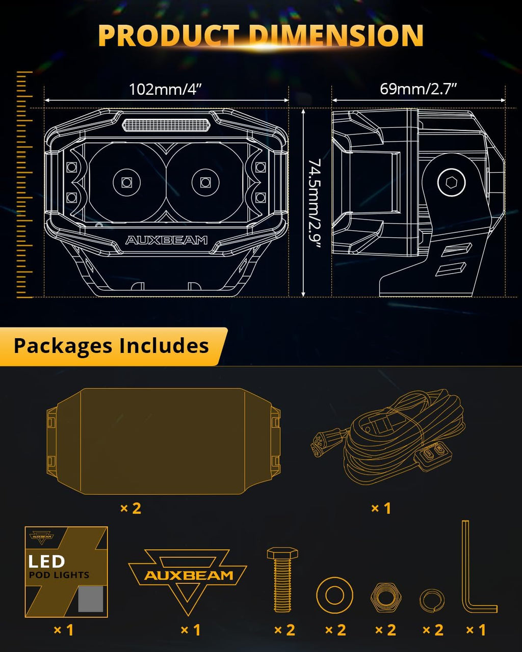 auxbeam v-max series 4'' cube led light pod, package contents
