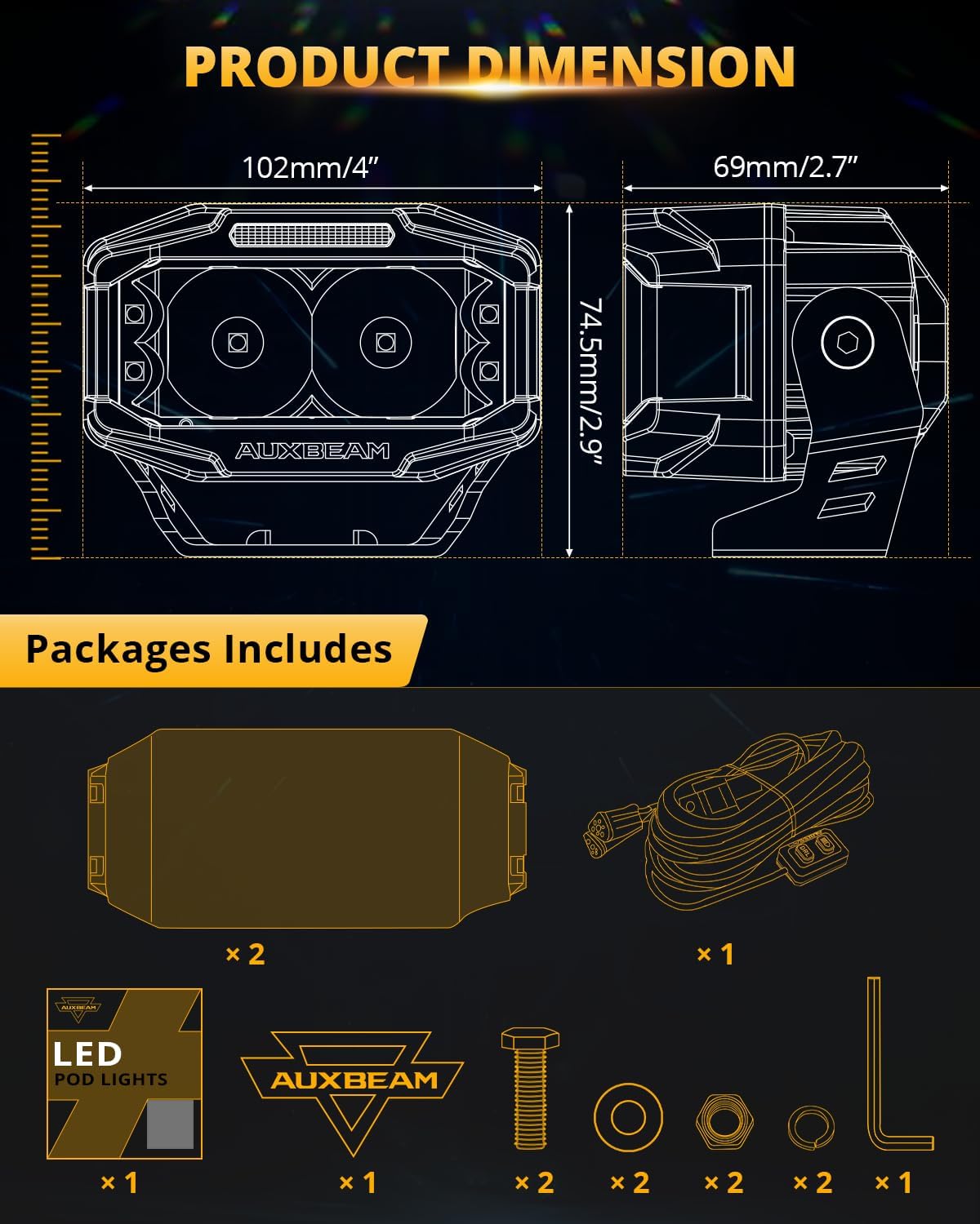 auxbeam v-max series 4'' cube led light pod, package contents