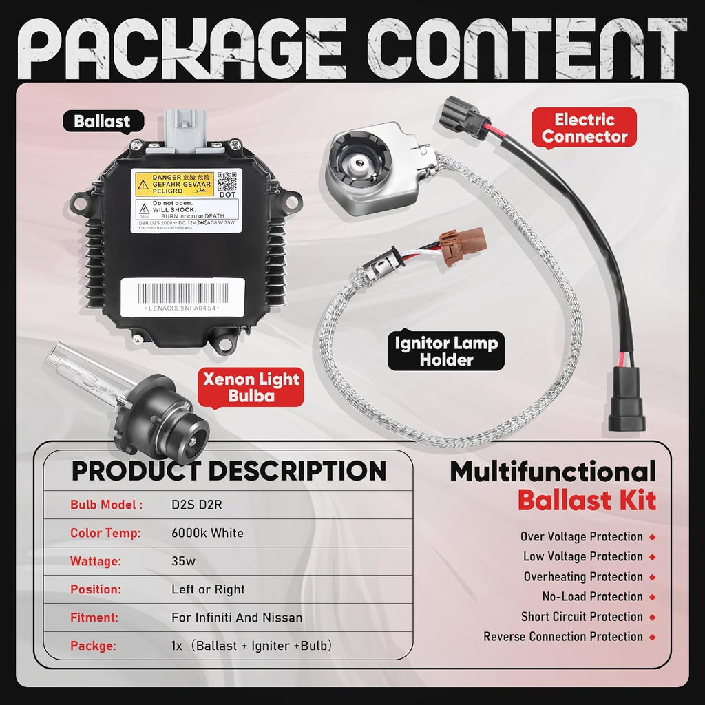 28474-8991 Xenon HID Headlight Ballast Control Unit with Igniter & D2S Bulb - HID Headlight Kit Compatible with Nissan Altima 350Z Maxima Murano Rogue Infiniti G35 G37 FX35, Replaces NZMNS111LAN