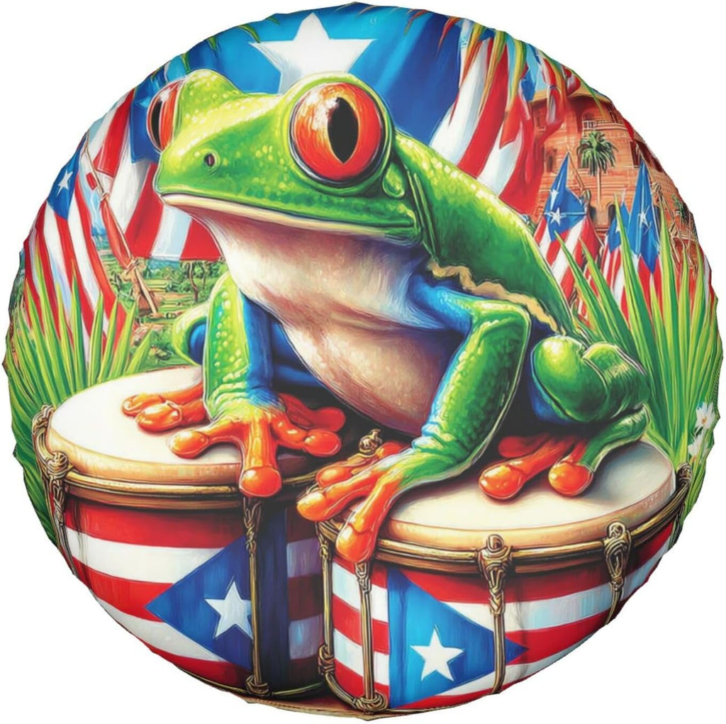 Puerto Rico Flag Frog Spare Tire Cover,15 inch,Cute Flag Tire Covers Waterproof Polyester Wheel Protector Universal for Rv Suvs Camper Trucks Travel Trailers Outdoor