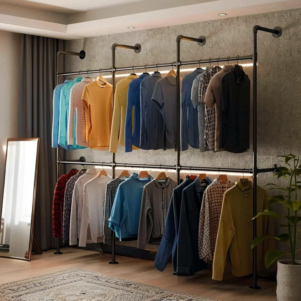industrial pipe black clothing racks wall mounted, rustic, main product view