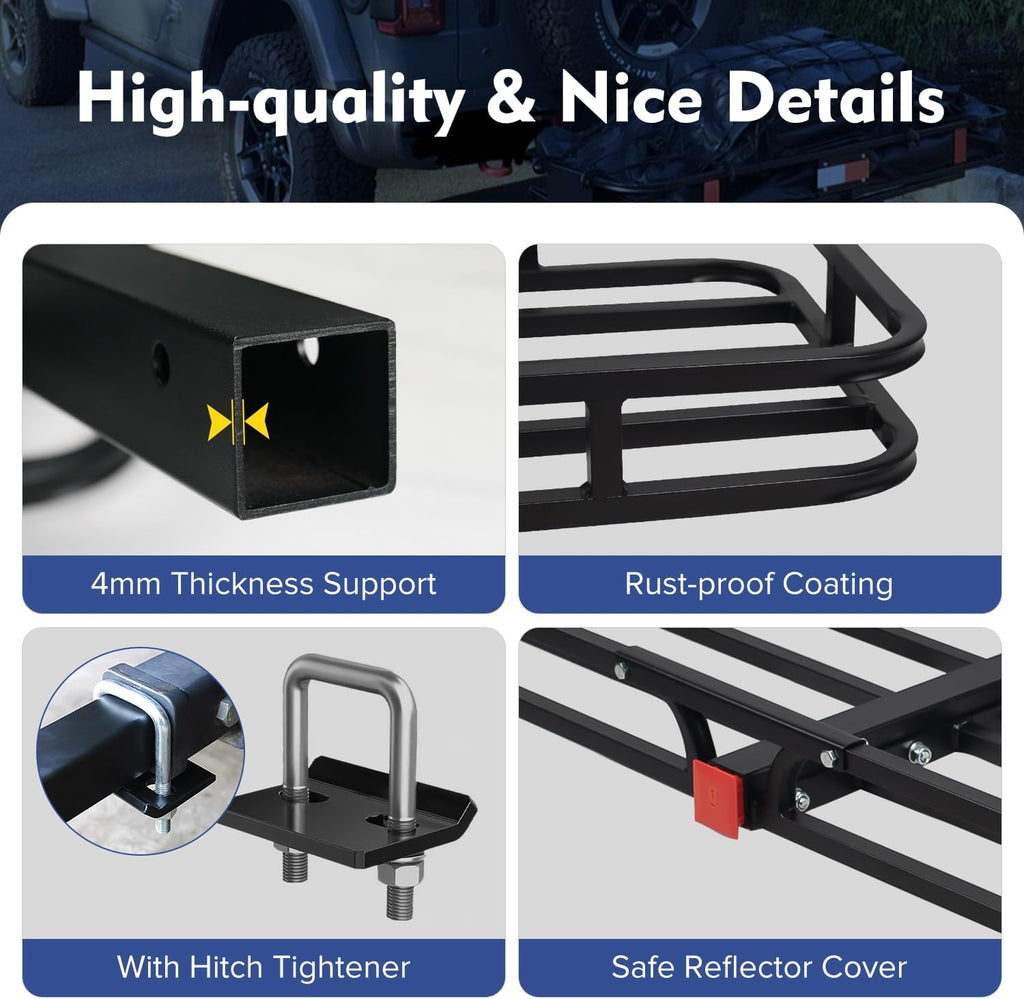 53" x 19" x 5" Hitch Cargo Carrier, 500 Lbs Heavy Duty Trailer Cargo Carrier Basket, Hitch Mount Cargo Carrier with Net, Strap, Tightener, Fits 2" Hitch Receiver for Car SUV Truck Pickup