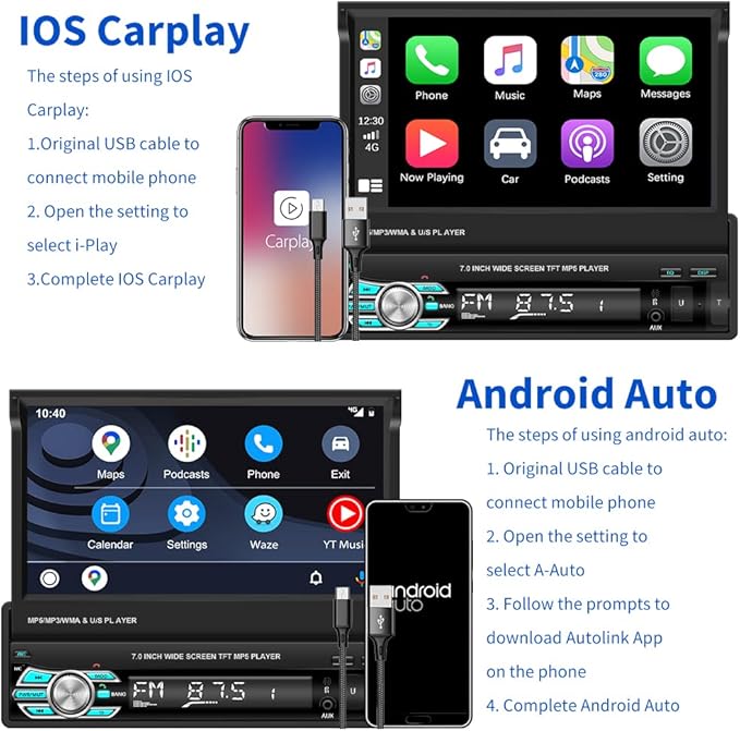 Hikity Carplay Single Din Car Stereo, 7 Inch Flip Out Touch Screen Car Radio - Image 2