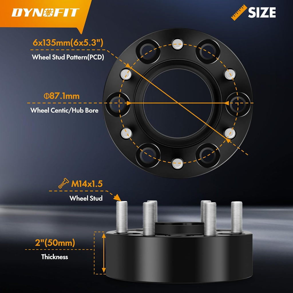 dynofit 2 Inch 6x135 Hub-Centric Wheel Spacers (4 Pcs) for 2015-2026 Ford F150, Expedition, Lincoln Navigator - M14x1.5 Studs, 87.1mm Center Bore