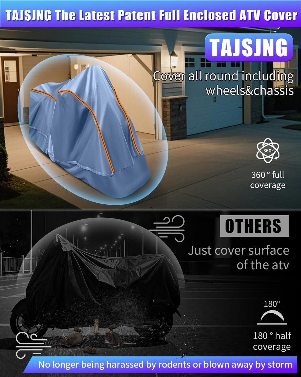 Full Enclosed ATV Cover Waterproof Outdoor Heavy Duty 4 Wheeler Cover All Season Weather Proof Quad Cover with Reflective Strips Fits ATV Length up to 84" Windproof Sunproof Dustproof