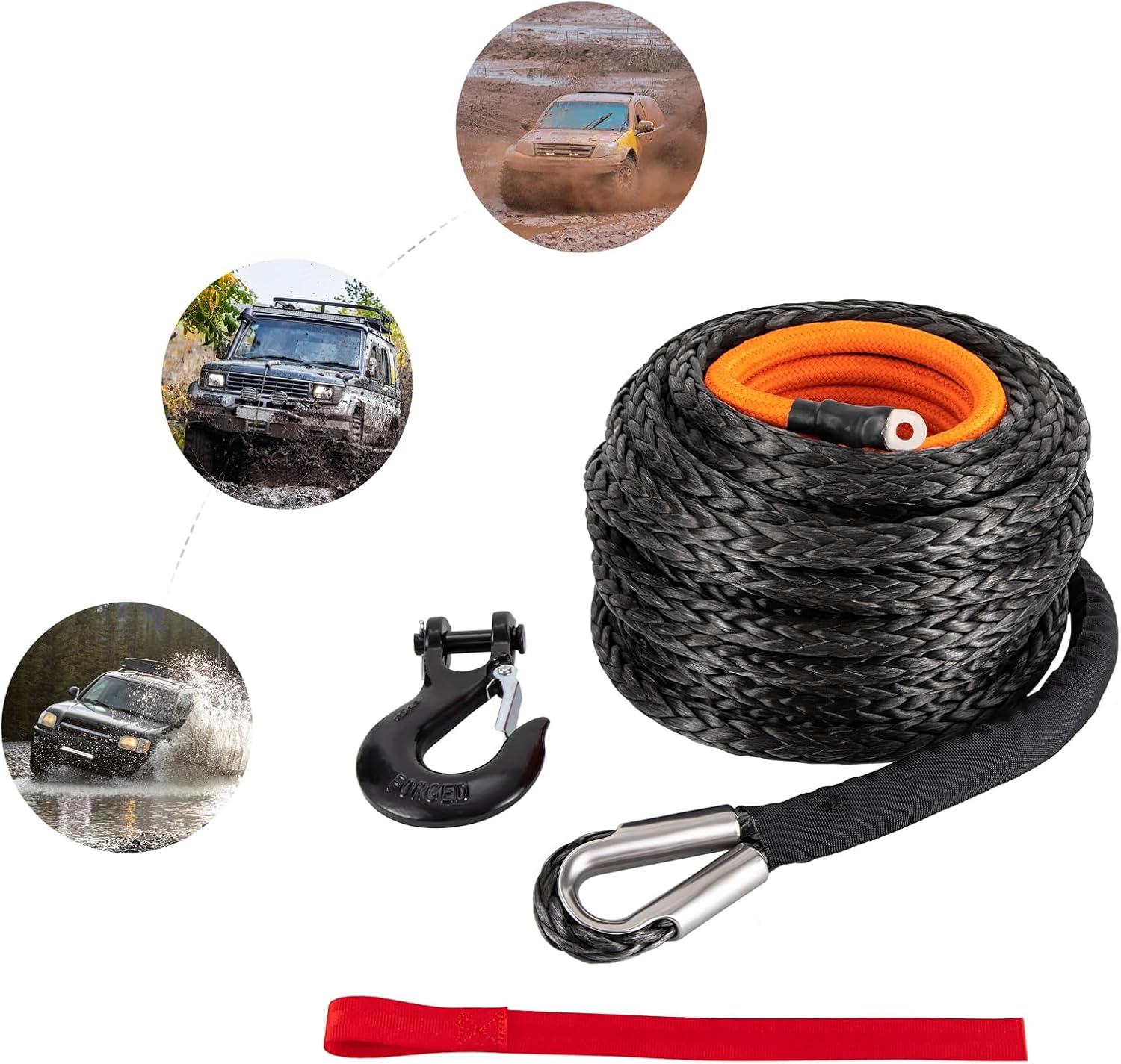 9/16" x76' Synthetic Winch Rope with Hook, Winch Cable with Protective Sleeve, Car Tow Recovery Cable for 4WD Off-Road Vehicle Truck ATV UTV SUV 35,000 LBS Breaking Strength (Orange)