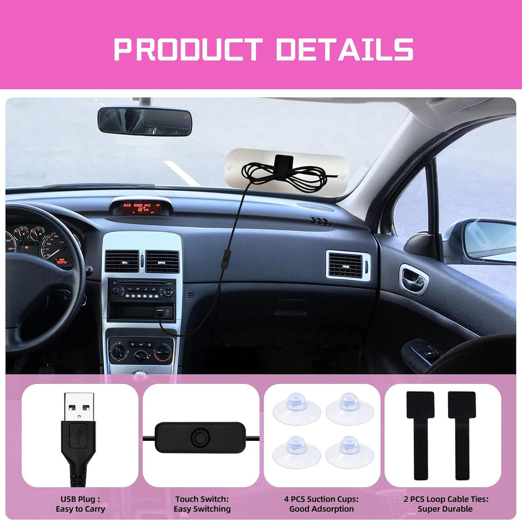 LED Light for Car, LED Sign for Car Windshield, Taxi Sign Decal with Suction Cups and Hook and Loop Cable Ties USB Plug, Trucks, SUV (Pink)