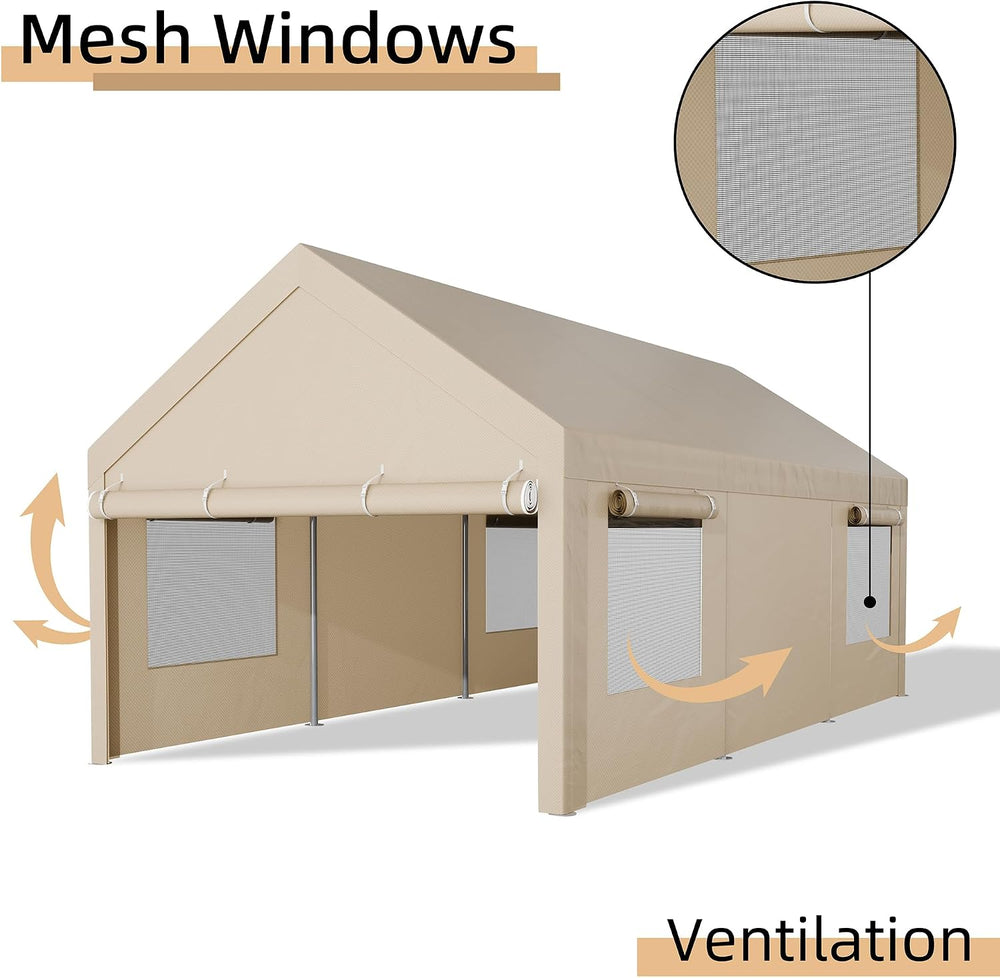 JY QAQA 12x20 FT Heavy Duty Carport, Khaki