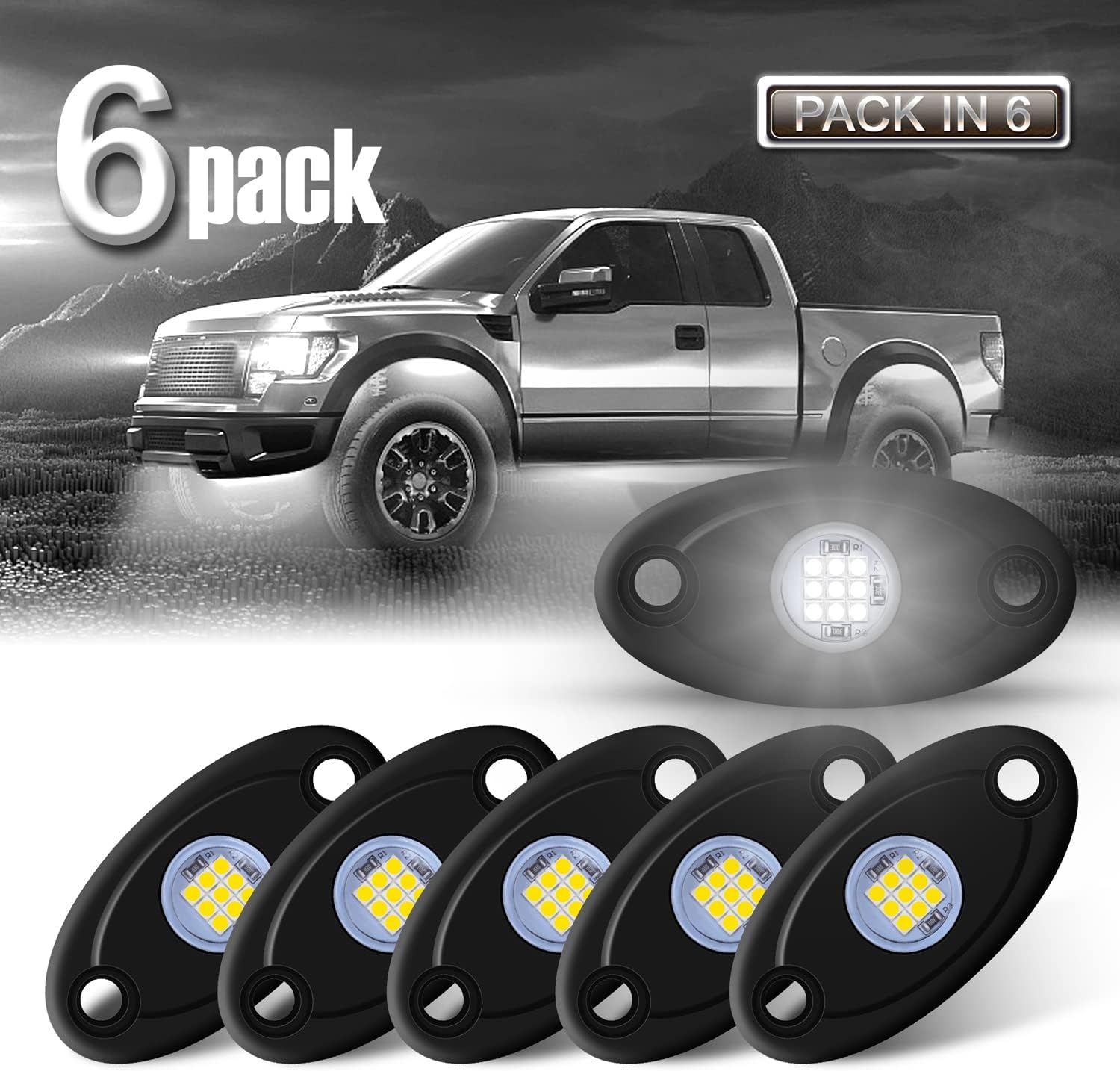 6Pods LED Rock Lights White Neon Underglow Lights for Car Trucks ATV UTV SUV Underbody Glow Trail Rig Lamp Waterproof (White)