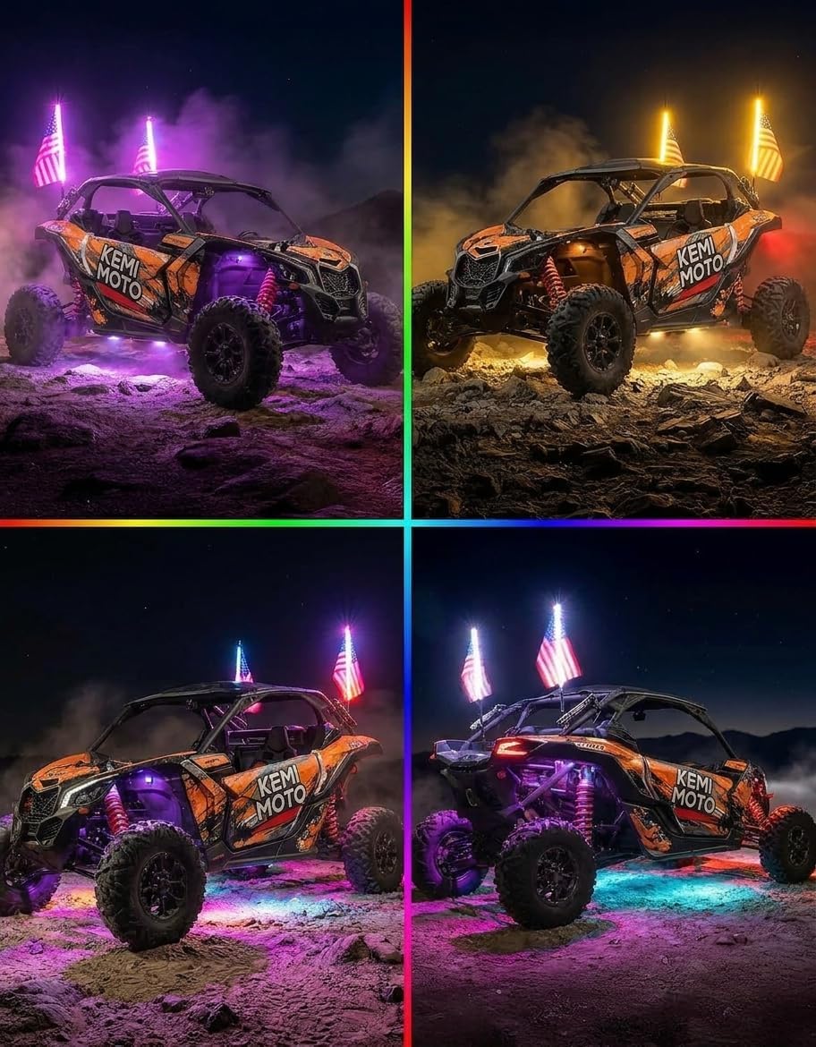 Kemimoto 2PCS 3FT Universal LED Whip Light and 4 PCS Rock Lights Combo | 366 Modes with Integrated Rocker Switch (Turn/Hazard/Light) & SOS Mode, Spring Base & App Control, IP67 Waterproof