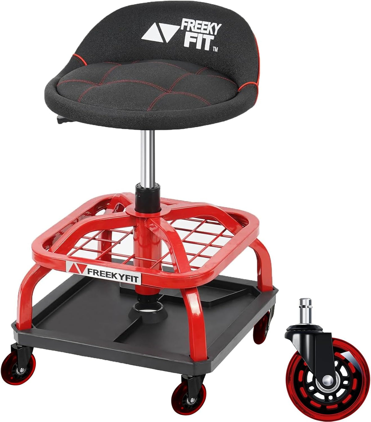 Rolling Stool with Red Wheels, Heavy Duty Garage Work Mechanic Rolling Shop