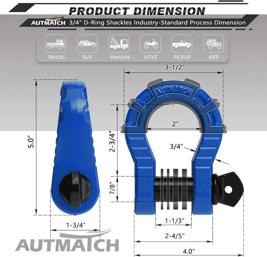 autmatch 3/4" mega d ring shackles (2-pack), close-up detail