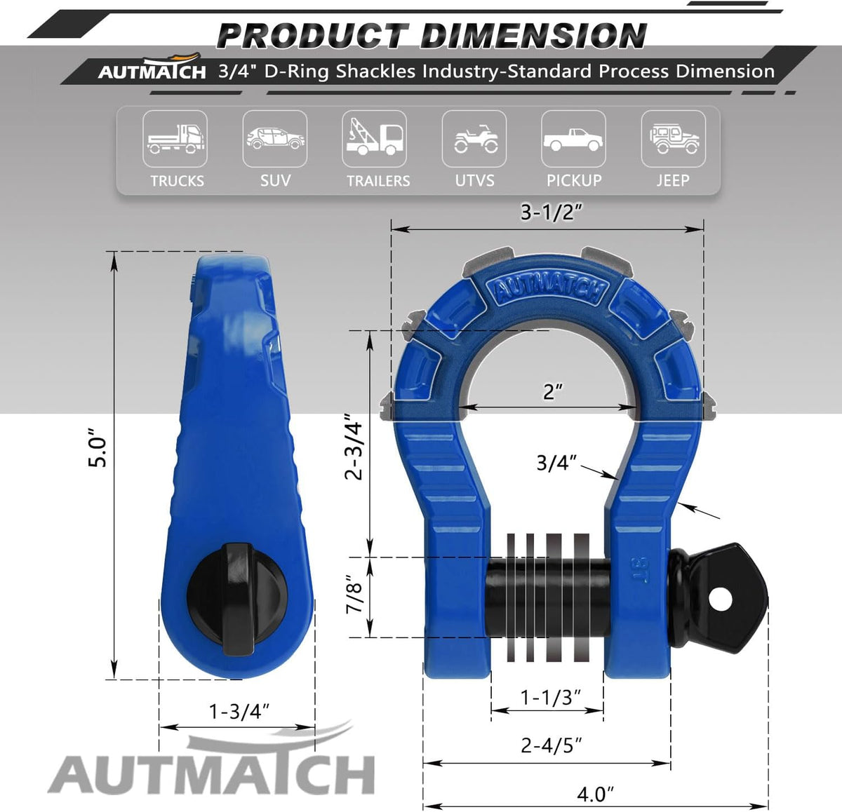 autmatch 3/4" mega d ring shackles (2-pack), close-up detail