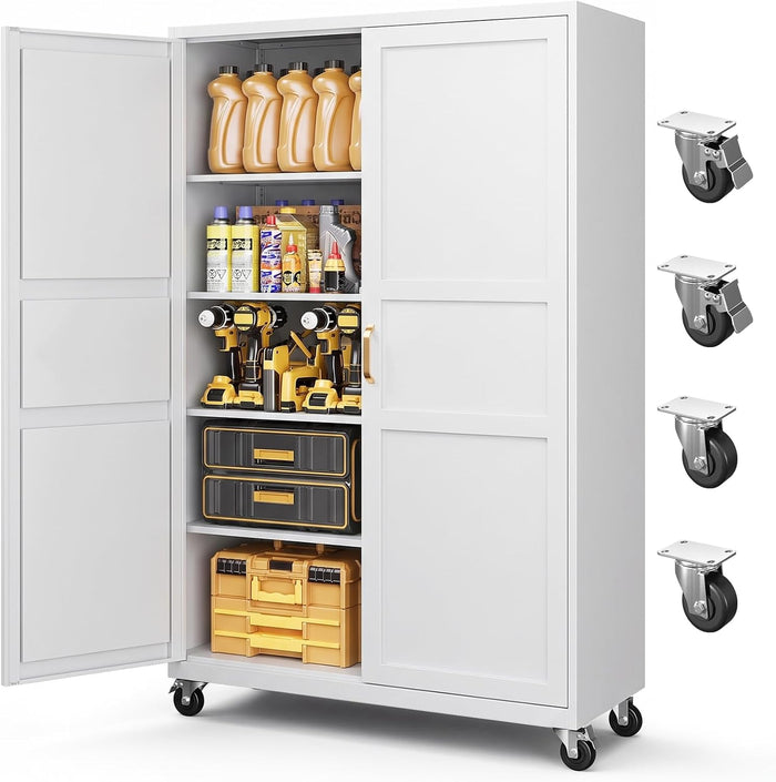 Metal Garage Storage Cabinet with Wheels, Wide & Deep Storage Cabinet with Door and Adjustable Shelves, 71" Rolling Tool Cabinet for Garage, Basement, Home Office