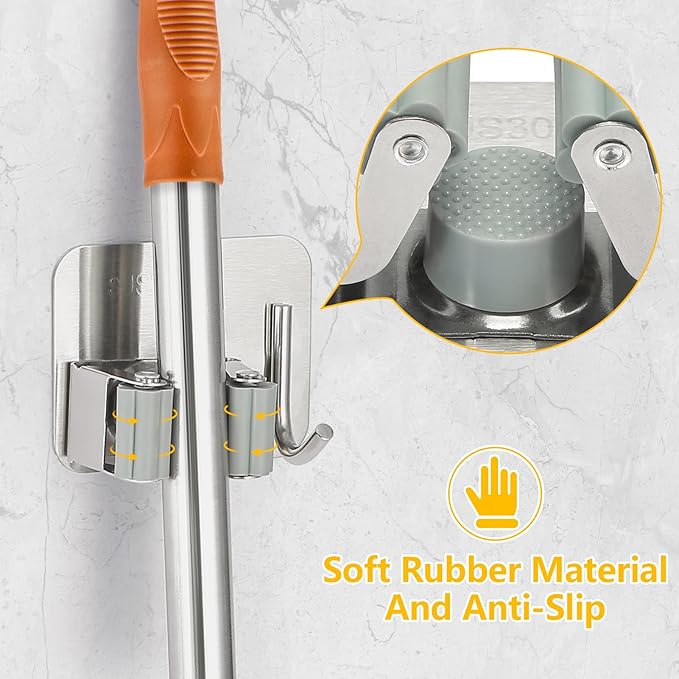 Stainless Steel Broom Holder, Self-Adhesive, 4 Gripper Positions, 4 Hooks - Image 3