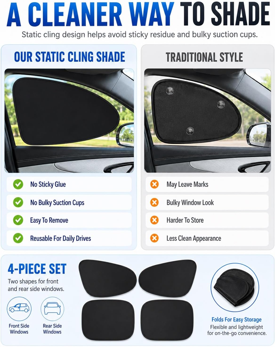 Static Cling Shades for Car Windows, Universal Car Side Window Sun Shades, Foldable Black Gel Electrostatic Sunshades, Front and Rear Static Suction Automobile Blocker(4Pcs Front and Rear)