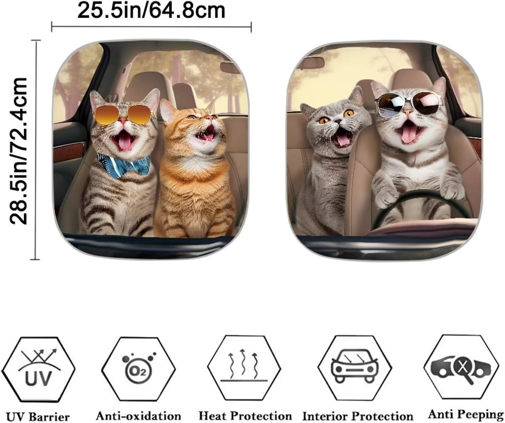 Funny Cat Driver Printed Windshield Sun Shade 2-Piece Foldable Front Window Sunshades Sun Visor Protector Blocks UV Rays Keeps Car Cool
