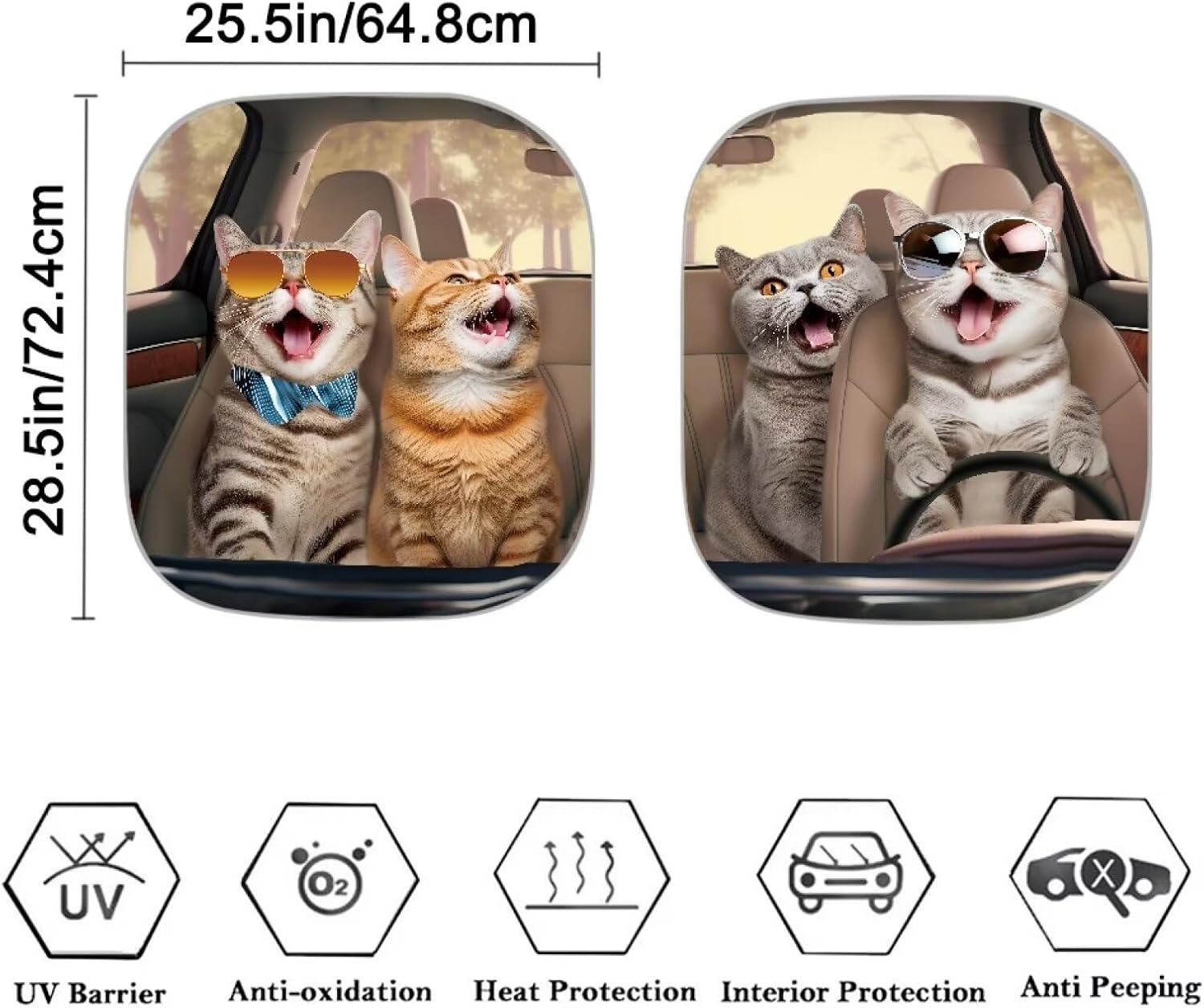 Funny Cat Driver Printed Windshield Sun Shade 2-Piece Foldable Front Window Sunshades Sun Visor Protector Blocks UV Rays Keeps Car Cool