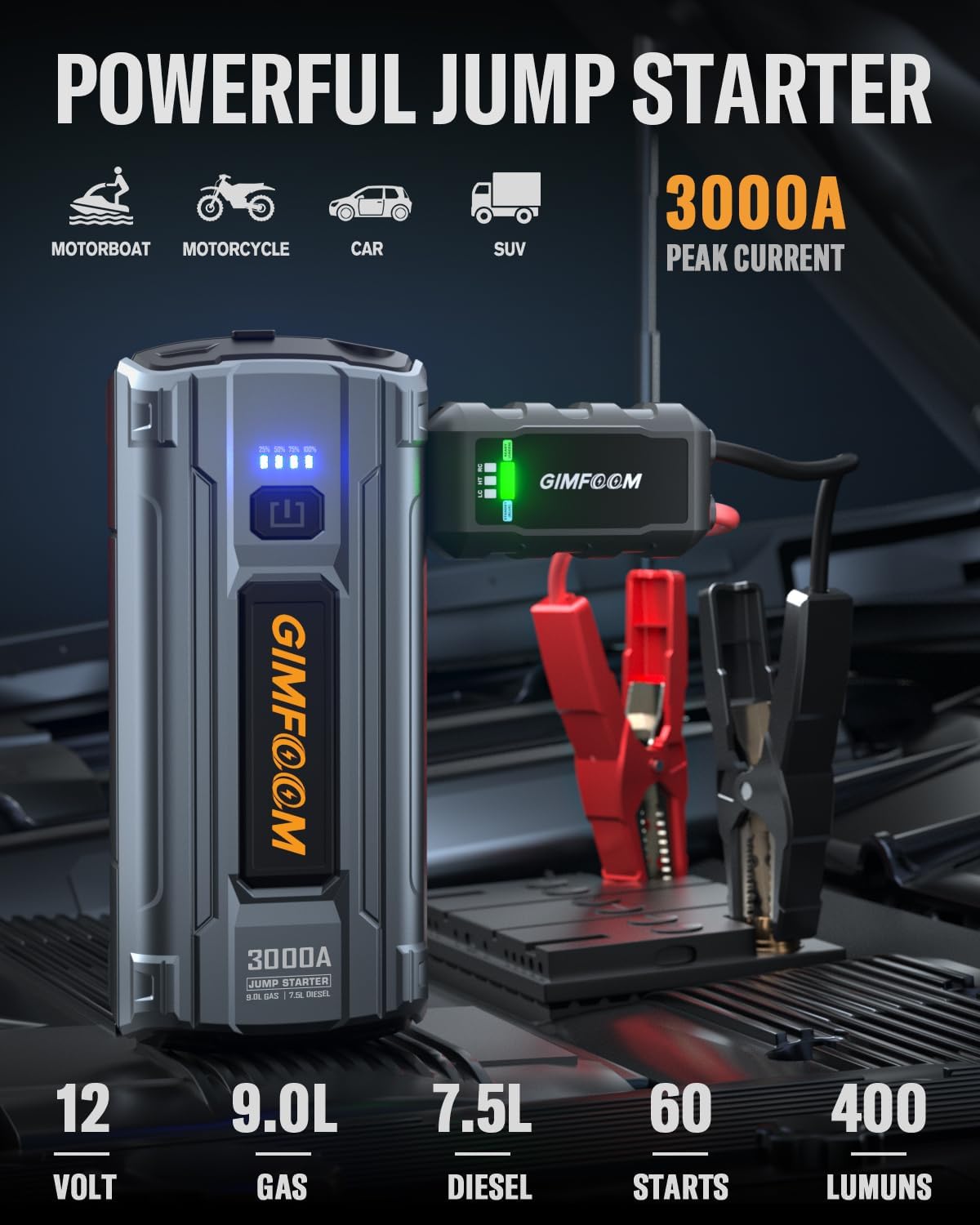 car jump starter, 3000a jump starter battery pack shown in use