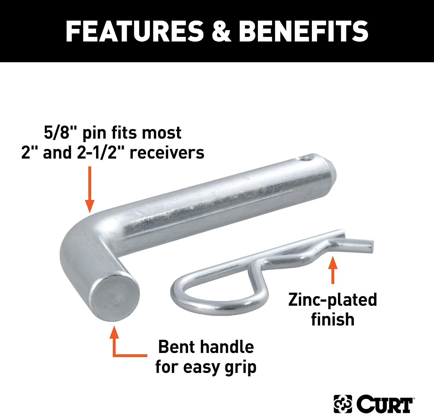 CURT 21580 Trailer Hitch Pin & Clip, 5/8-Inch Diameter, Fits 2 or 2-1/2-Inch Receiver, Clear ZINC