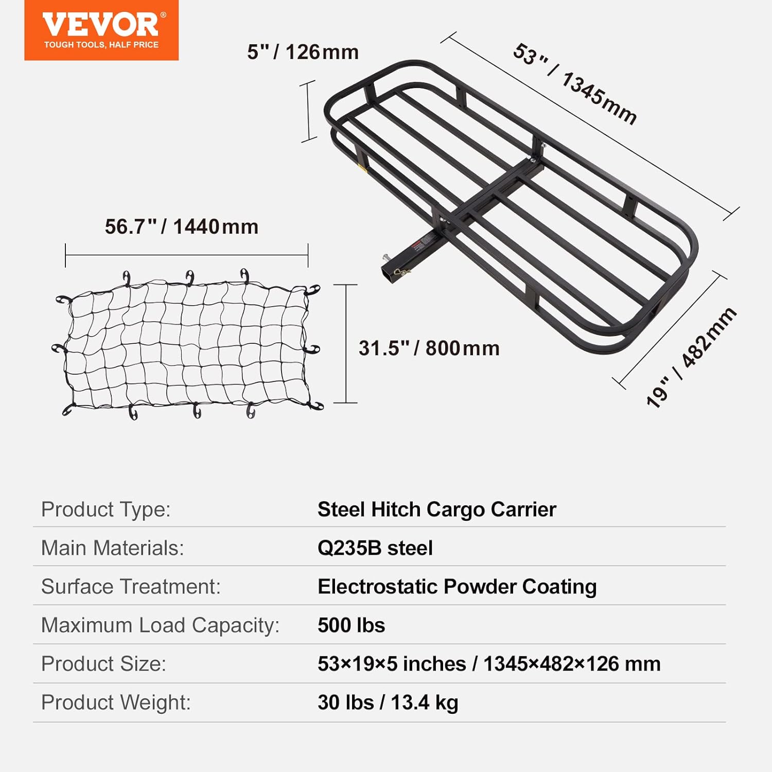 VEVOR 53 x 19 x 5 in Hitch Cargo Carrier, 500lb Capacity Trailer Mount Basket, Steel Luggage Carrier Rack Fits 2'' Receiver for SUV Truck Pickup with Net, Stabilizer, Straps, Black