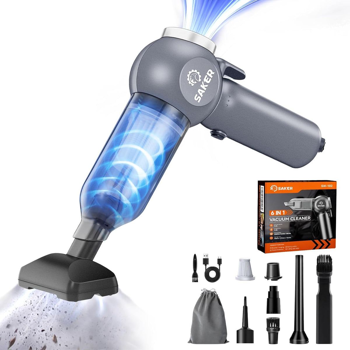 Saker 6 in 1 Car Vacuum Cleaner, 20000PA Handheld Vacuum Cordless Rechargeable